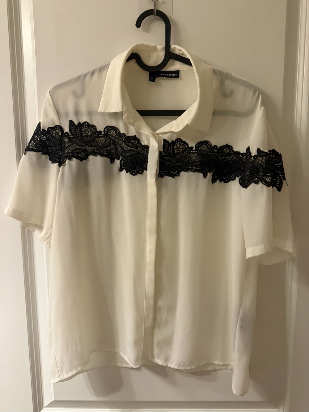 The Kooples Cream Short-Sleeve Button-Up Blouse with Black Lace Band
